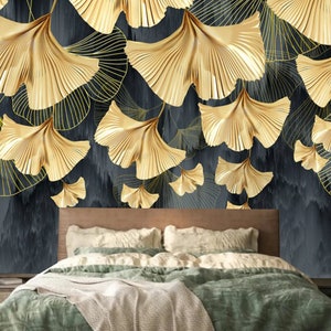 Chinoiserie Ginkgo Leaf Wallpaper Mural: Dark Gold Home Decor