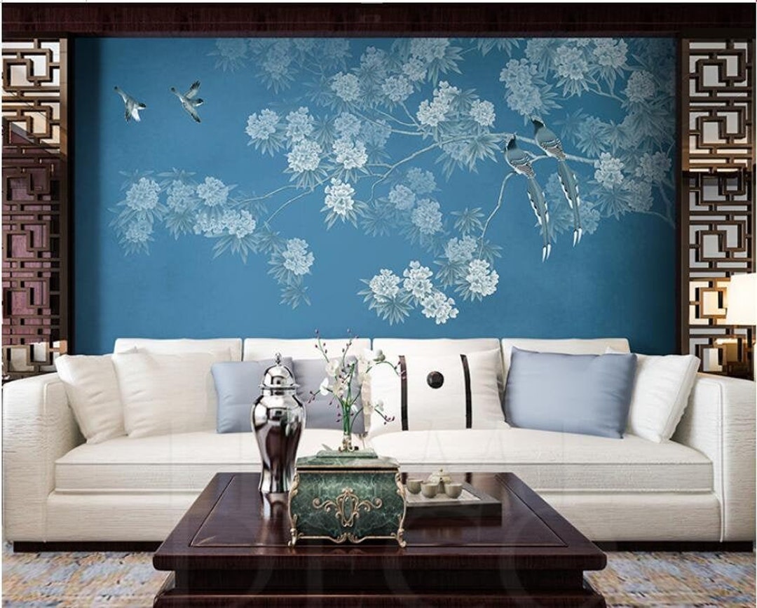 Chinoiserie Hanging Cherry Tree Wallpaper, Flying Birds Home Decor Wall ...