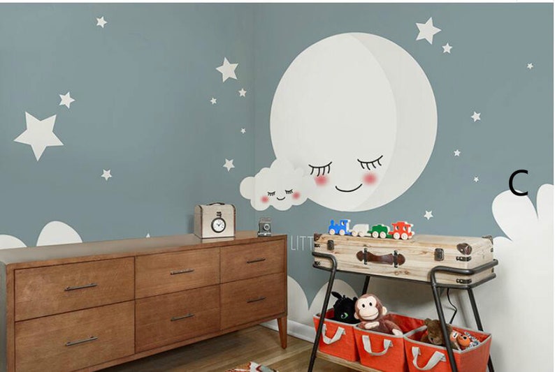 Pink Moon Nursery Wallpaper: Cartoon Stars & Clouds Wall Mural - Etsy