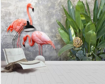Flamingo Wall Mural: Tropical Rainforest Leaf Wall Decor