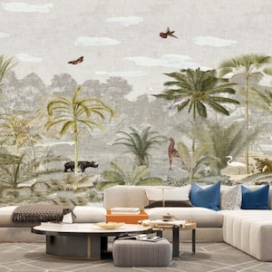 Tropical Rainforest Wallpaper Mural: Green Trees, Plants, Animals
