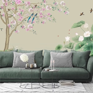 Chinoiserie Brushwork Magnolia Blossom Tree with Birds Wallpaper Home Decor Wall Mural for Living Room Bedroom Dinning Room