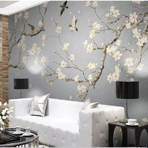 Chinoiserie Hanging  Magnolia Tree Wallpaper, Flying Birds Home Decor Wall Murals, Flying Birds and  Magnolia Flowers Wall Murals Wall Decor