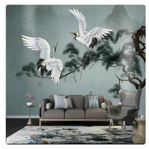 Chinoiserie Wallpaper: Pines and Cranes Wall Mural