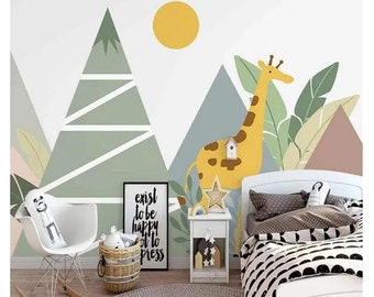 Geometric Mountain Peak Cartoon Giraffe Children's Room Kids Babies Nuysery Wallpaper Wall Mural Home Decor P