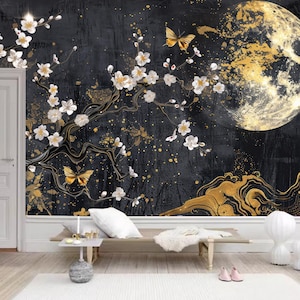 Chinoiserie Brushwork White Flowers Branch with Moon Wallpaper Wall Mural for Living Room Bedroom Dinning Room