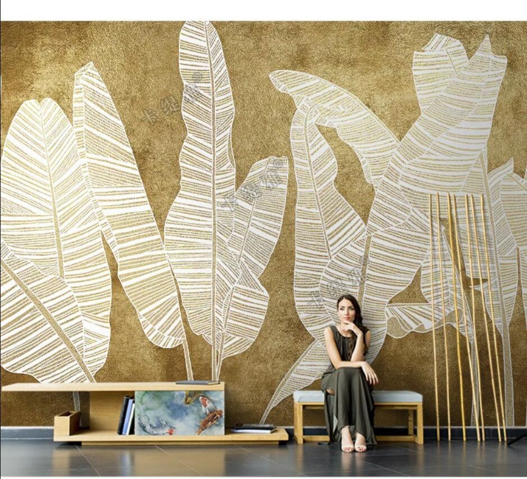 Simple Gold Banana Leaf Wallpaper Wall Mural Home Decor Etsy
