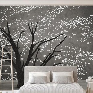 Grey Background Huge Tree Wallpaper, Handpainted White Leaves Wall