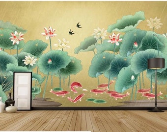 Chinoiserie Lotus Wallpaper, Flying Fish Home Decor Wall Murals for Living or Dinning Room