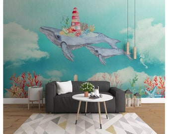 Watercolor Whale Nursery Wallpaper: Blue Ocean Kids Room Wall Mural