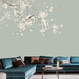 Chinoiserie Magnolia Blossom Wallpaper Mural: Flying Birds Home Decor