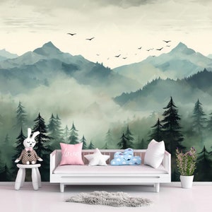 Cartoon Kiefernwald Tapete Wandbild: Berglandschaft Kinderzimmer Dekor