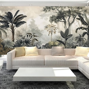 Mural de pared con paisaje de selva tropical, palmeras y plantas, decoración del hogar
