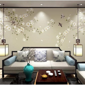 Chinoiserie Magnolia Tree Wallpaper: Flying Birds Wall Mural