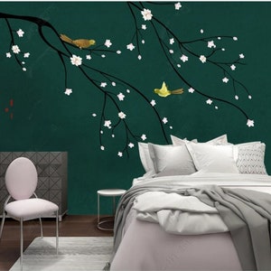 Chinoiserie Magnolia Tree with Flying Birds Green Background Wallpaper Wall Mural for Living or Dinning Room Bedroom