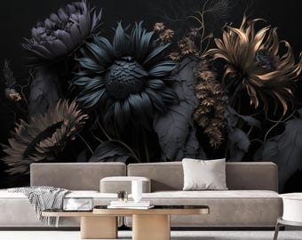 Dark Background Navy Blue Blooming Peony Flowers Floral Wallpaper Wall Mural Home Decor