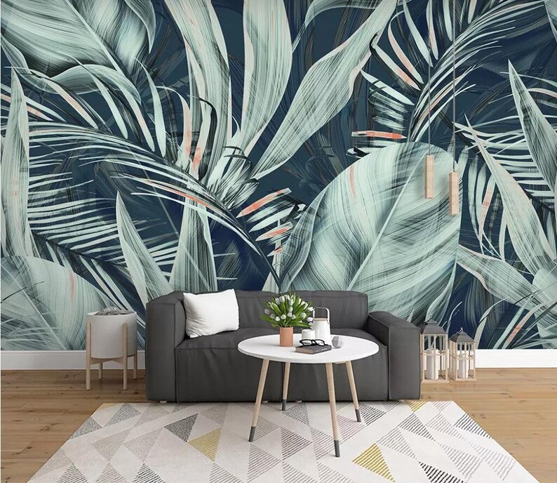 Tropical Green Leaves Wallpaper Wall Mural Fresh Green Leaves Etsy
