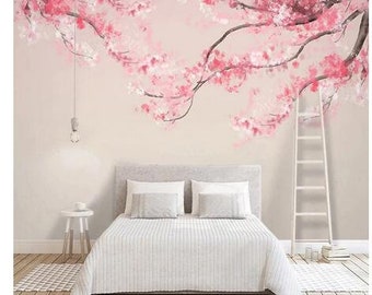 Custom Any Size Mural Wallpaper Hand Painted Chinese Style Ink Watercolor Cherry Blossoms Tree Decoration Painting