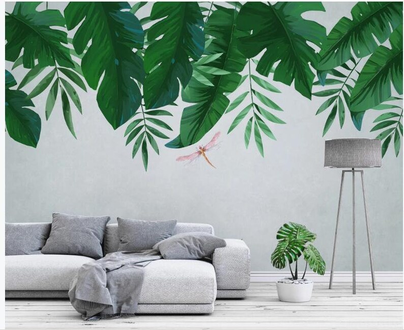 Green Fresh Hanging Tropical Leaves Wallpaper Wall Mural Etsy
