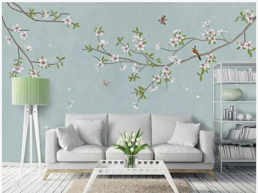 Chinoiserie Hanging Magnolia Tree Wallpaper Flying Birds Home Etsy