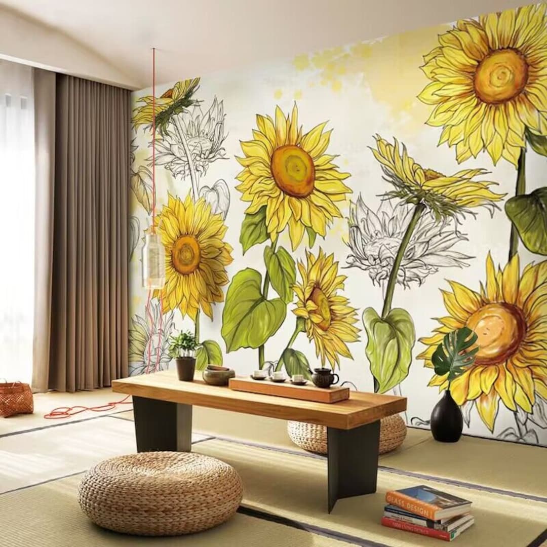 Simple Sunflowers Floral Wallpaper Wall Mural Home Decor Etsy