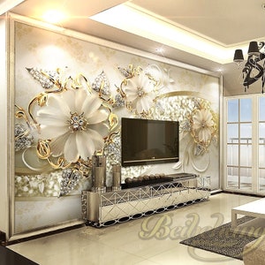 3D Gold Flowers Wallpaper Wall Mural, European Style Jewelry Wall Mural, Luxury Gold Flowers Floral Wall Murals Wall Decor