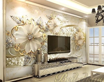 3D Gold Flowers Wallpaper Wall Mural European Style Jewelry - Etsy 3D Gold Flowers Wallpaper Wall Mural European Style Jewelry - Etsy