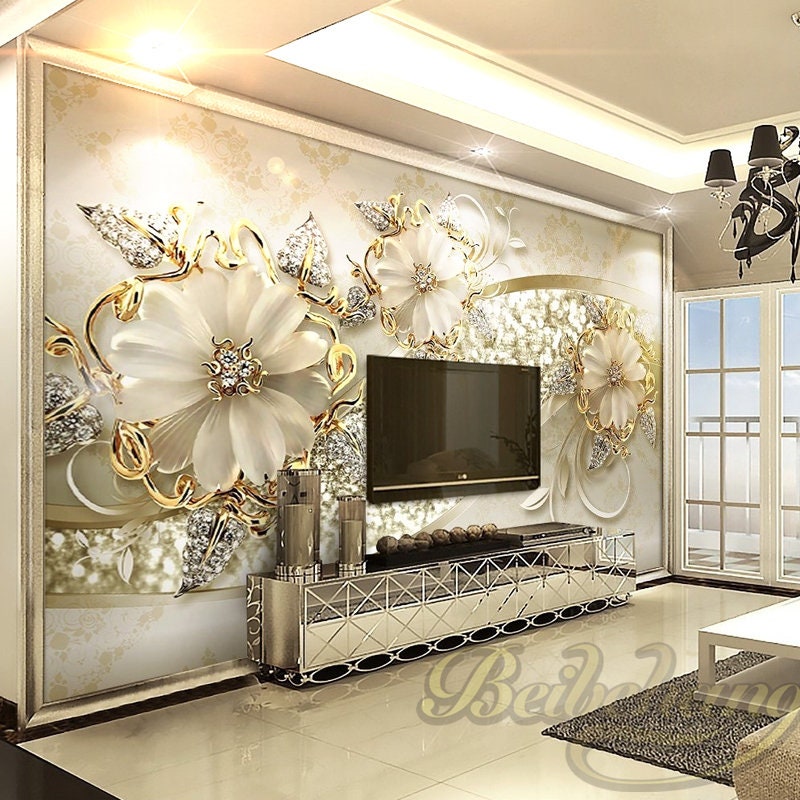 3D Gold Flowers Wallpaper Wall Mural European Style Jewelry - Etsy