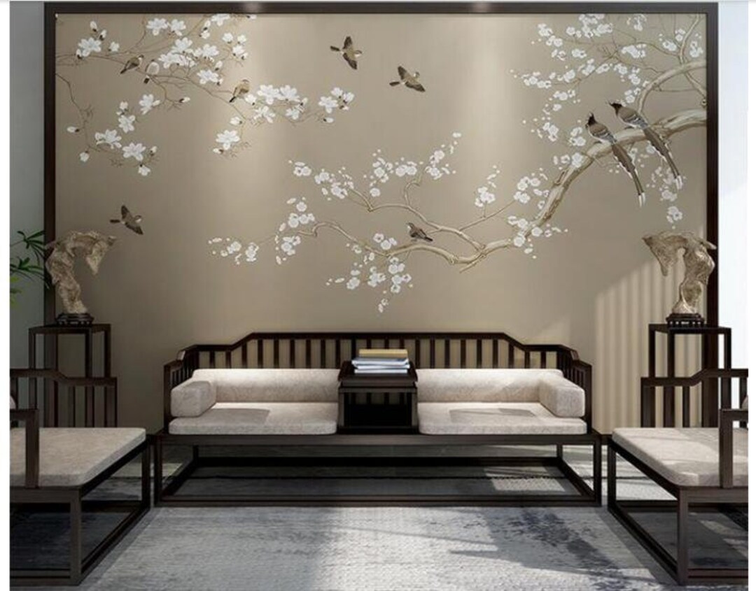 Chinoiserie Cherry Tree Wallpaper: Flying Birds Wall Mural - Etsy