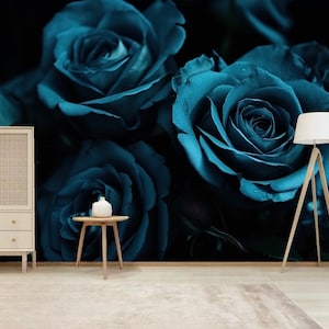 Blue Roses Wallpaper Mural: Dark Romantic Floral Wall Decor