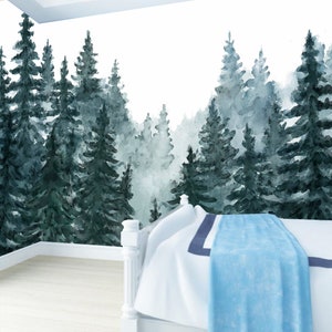 Watercolor Pine Tree Forest Wallpaper Mural: Kids' Room Decor