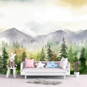 Aquarell Kiefernwald Wallpaper Wandbild: Berglandschaft Kinderzimmer Dekor