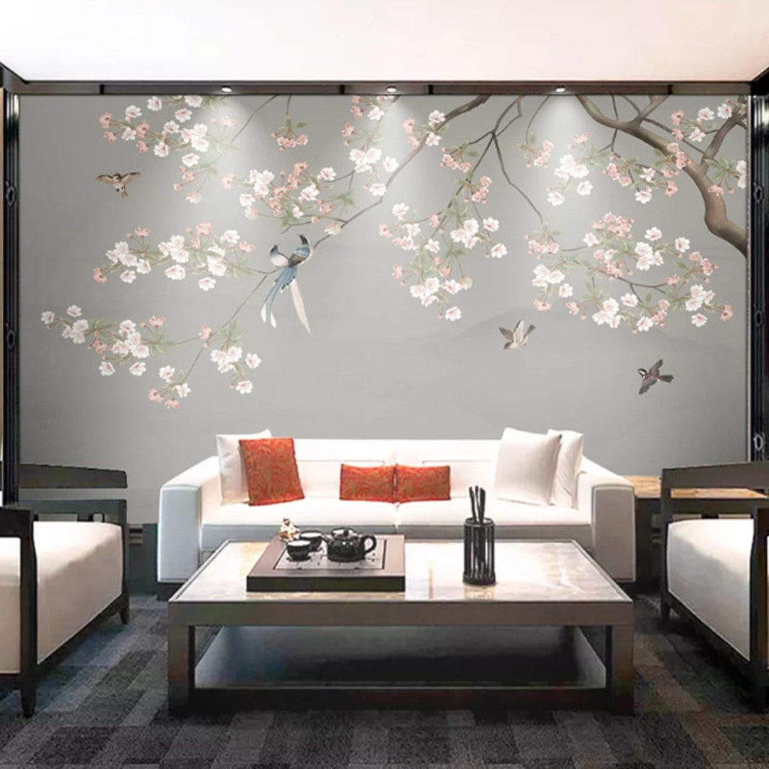 Chinoiserie Cherry Blossom Wallpaper: Flying Birds Wall Mural - Etsy