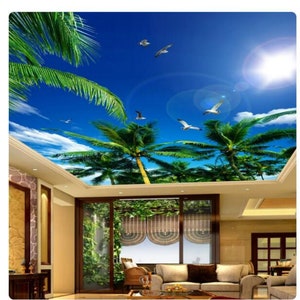 Blauer Himmel und weiße Wolken Kokospalmen Möwe Decke Design Kunst Dekoration Wohnzimmer Thema Hotel Wallpaper Wandbild
