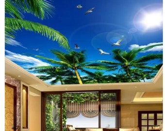 Blue Sky And White Clouds Coconut Trees Seagull Ceiling Design Art Home Decoration Living Room Theme Hotel Wallpaper Wall Mural