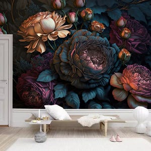 Dark Floral Rose Wallpaper Mural: Moody Home Decor