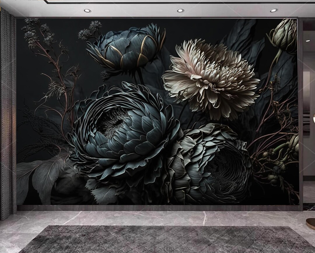 Dark Floral Peony Wallpaper Mural: Hot White and Dark Blue Flowers - Etsy