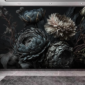 Dark Floral Peony Wallpaper Mural: Hot White and Dark Blue Flowers