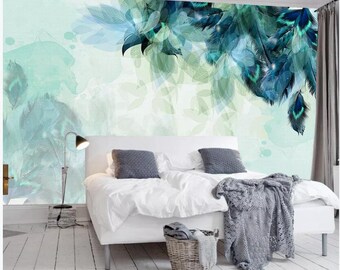 Nordic Minimalism Blue Feather Wallpaper Wall Mural, Handpainted Abstrat Feathers Wall Murals for Living Room Bedroom