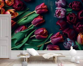 Dark Red Tulips Floral Wallpaper Mural: Moody Home Decor