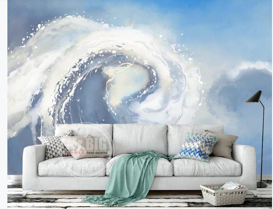 Hand Painted Blue Sea Nursery Wallpaper White Waves and Spray Etsy