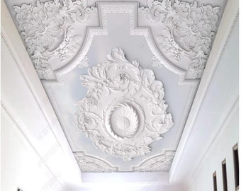 3D White Plaster European Style Flower Ceiling Background Wallpaper Living Room Wall Mural