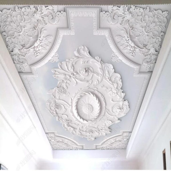 3D White Plaster European Style Flower Ceiling Background Wallpaper Living Room Wall Mural