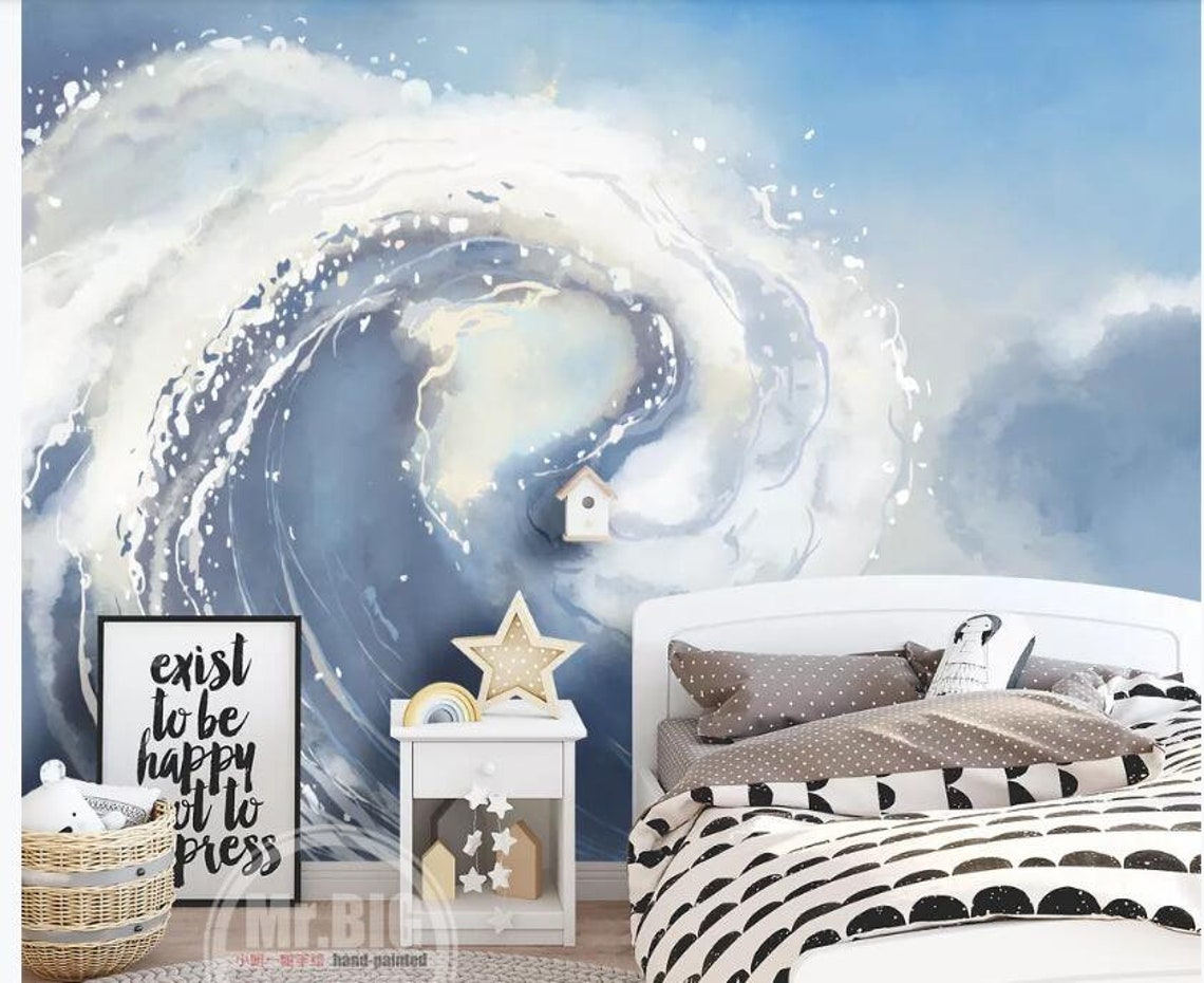 Hand Painted Blue Sea Nursery Wallpaper White Waves and Spray Etsy