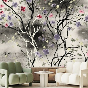 Abstract Floral Tree Wallpaper Mural: Grey Home Decor