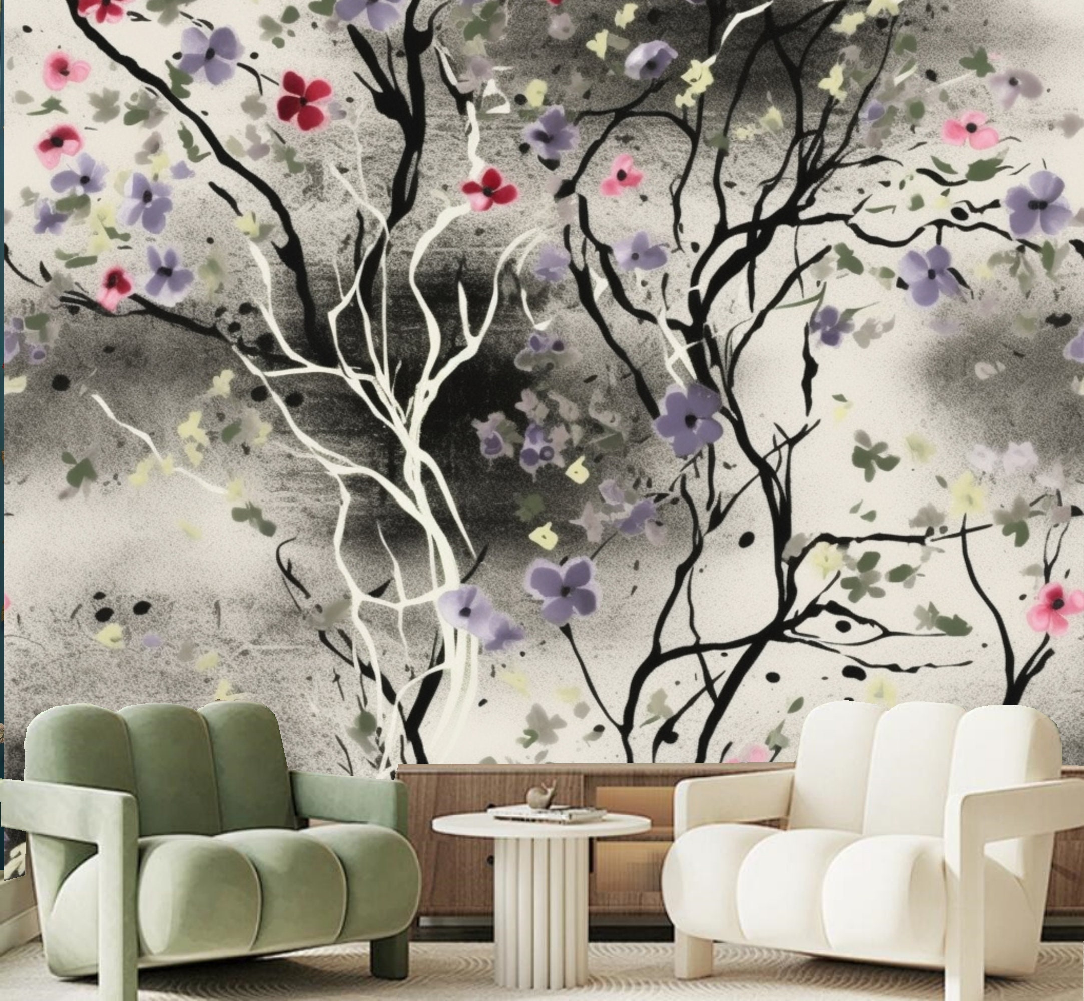 Abstract Grey Background Flower Tree Wallpaper Wall Mural Home Decor for Living Room Bedroom or Dinning Room