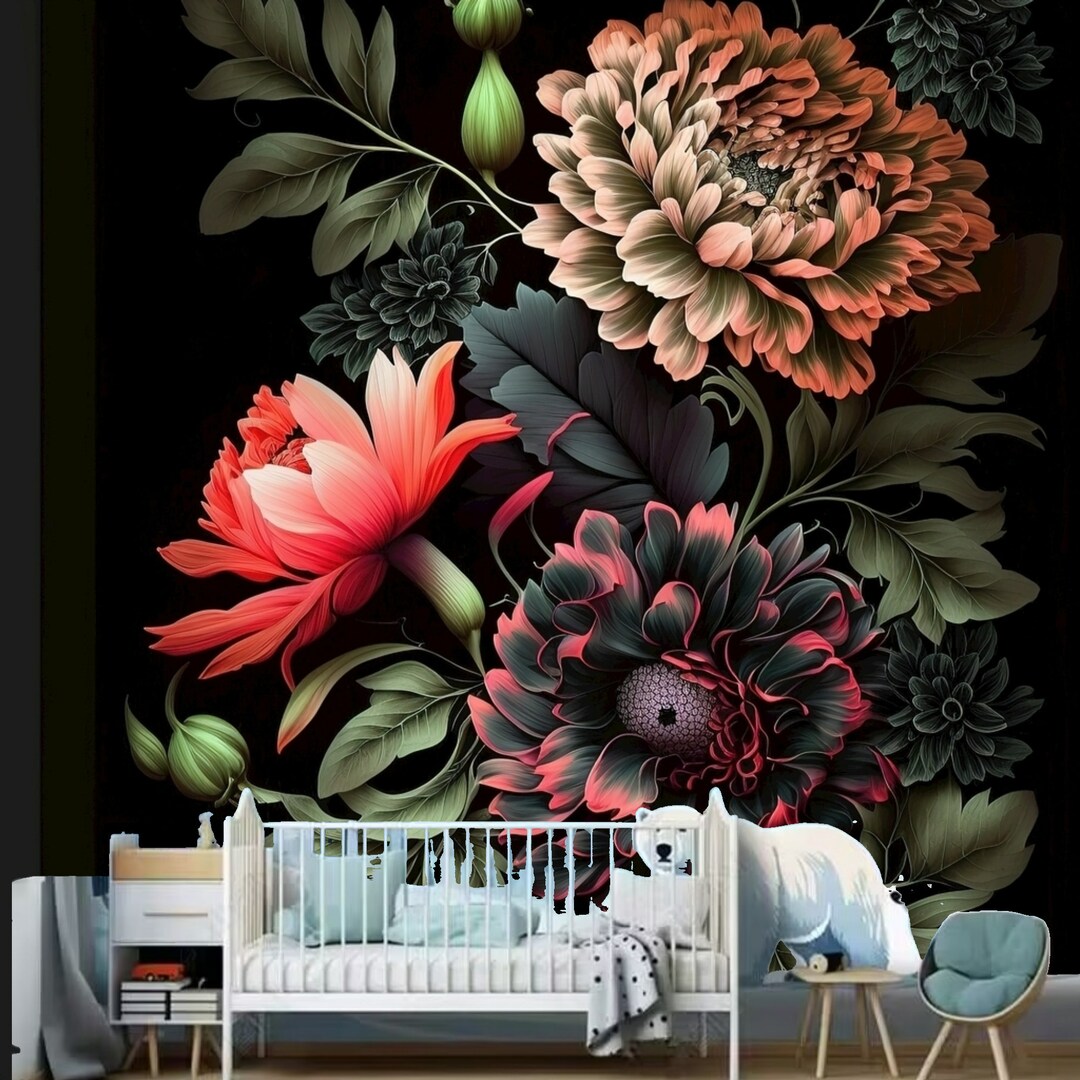 Dark Background Peony Flowers Floral Wallpaper Wall Mural Home Decor ...