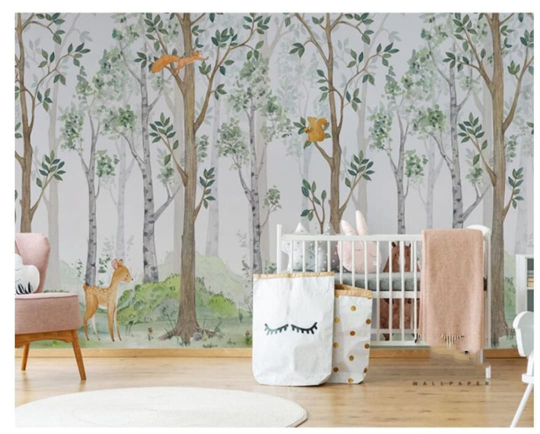 Cartoon Animals Trees Forest Nursery Kids Room Babies Room Wallpaper ...