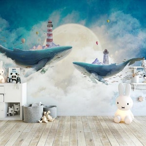 Northern European style creative hand painted Sky White cloud whale Nursery Wallpaper,  Kids' Room Baby's Room Wall Murals Wall Decor