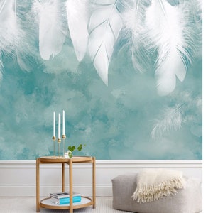 Green Background White Feathers Wallpaper Wall Mural Home Decor